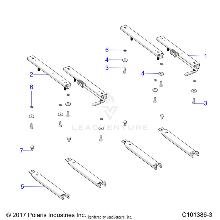 An Image of a Genuine Polaris Parts Schematic Diagram showing the schematic - BODY: SEAT SLIDERS - 2018 POLARIS RANGER 150 EFI