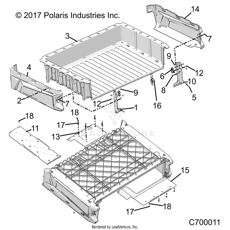 An Image of a Genuine Polaris Parts Schematic Diagram showing the schematic - BODY: BOX - 2020 POLARIS RANGER 570 FULL SIZE