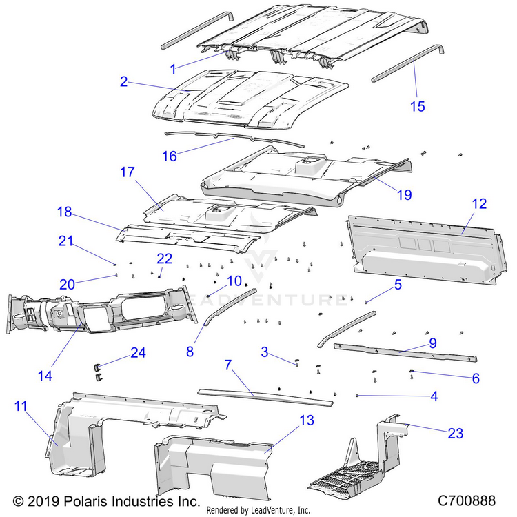 An Image of a Genuine Polaris Parts Schematic Diagram showing the schematic - OPTION: ROOF SPORT REAR CLOSE COVER & DASH - 2020 POLARIS RANGER CREW XP 1000 FACTORY CHOICE