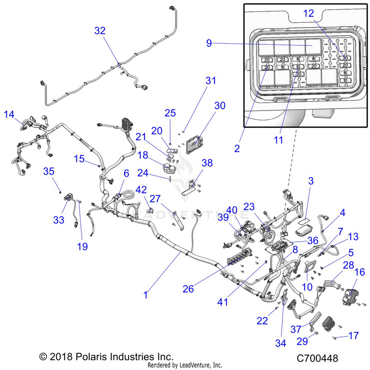 An Image of a Genuine Polaris Parts Schematic Diagram showing the schematic - ELECTRICAL: WIRE HARNESS - 2019 POLARIS RANGER CREW XP 1000 BACK COUNTRY