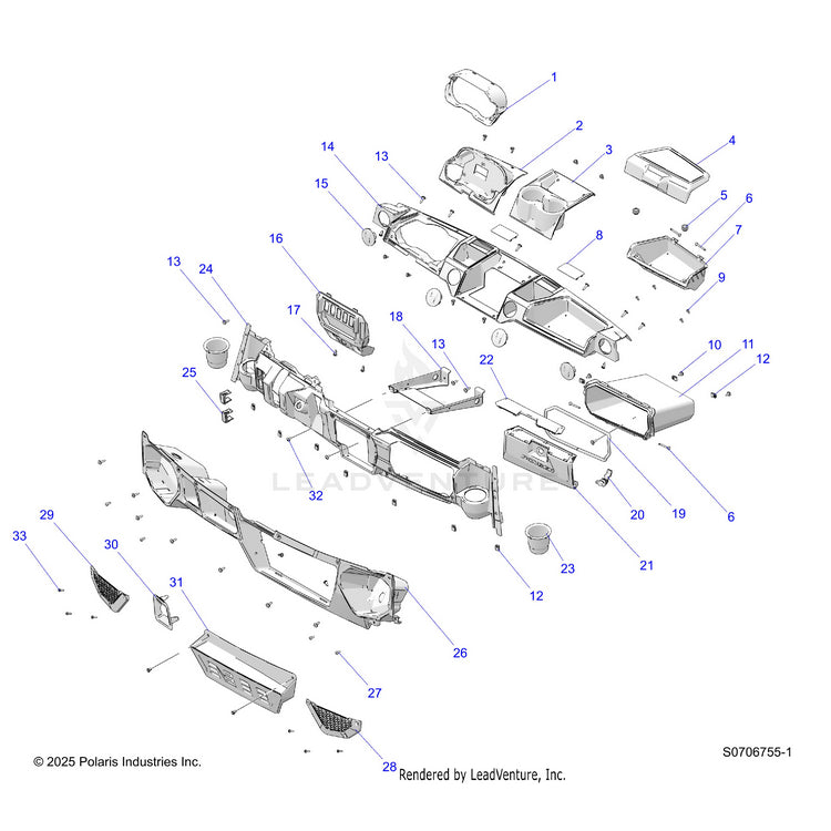 An Image of a Genuine Polaris Parts Schematic Diagram showing the schematic - BODY: DASH - 2025 POLARIS RANGER 1000 XP CREW TEXAS EDITION
