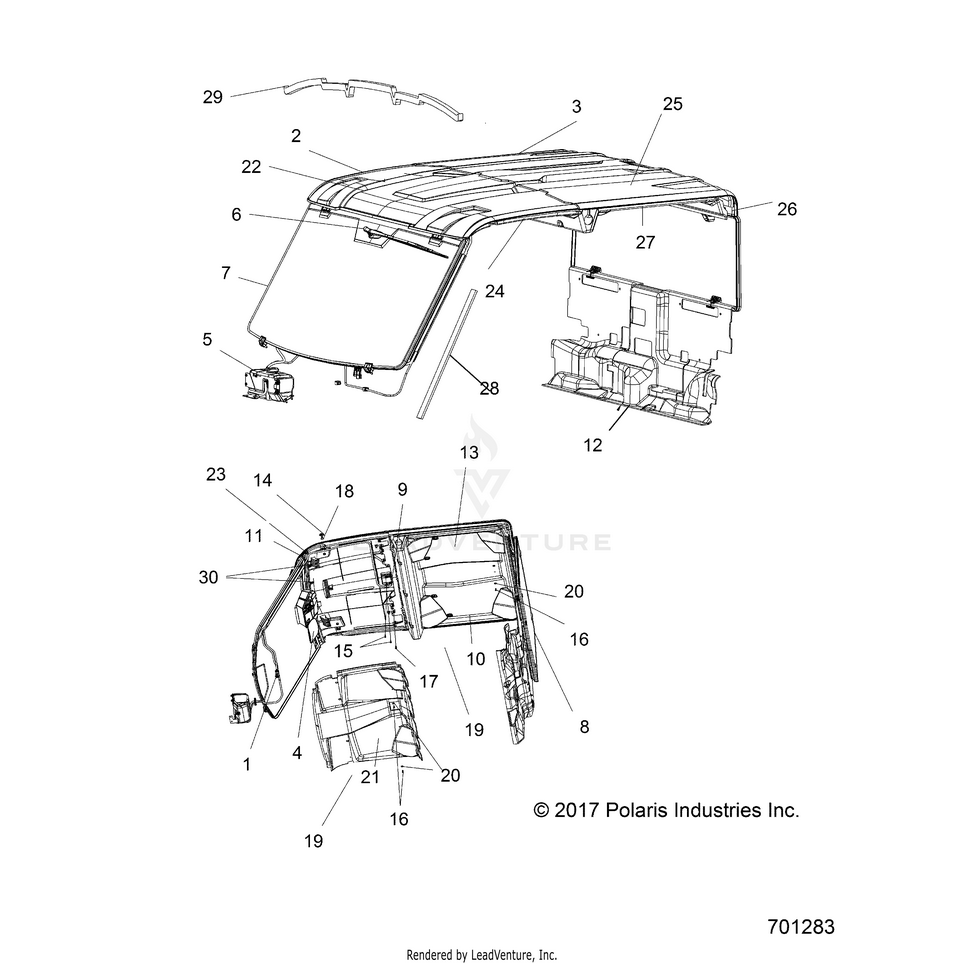 An Image of a Genuine Polaris Parts Schematic Diagram showing the schematic - BODY: ROOF & CAB - 2017 POLARIS RANGER CREW XP 1000 EPS