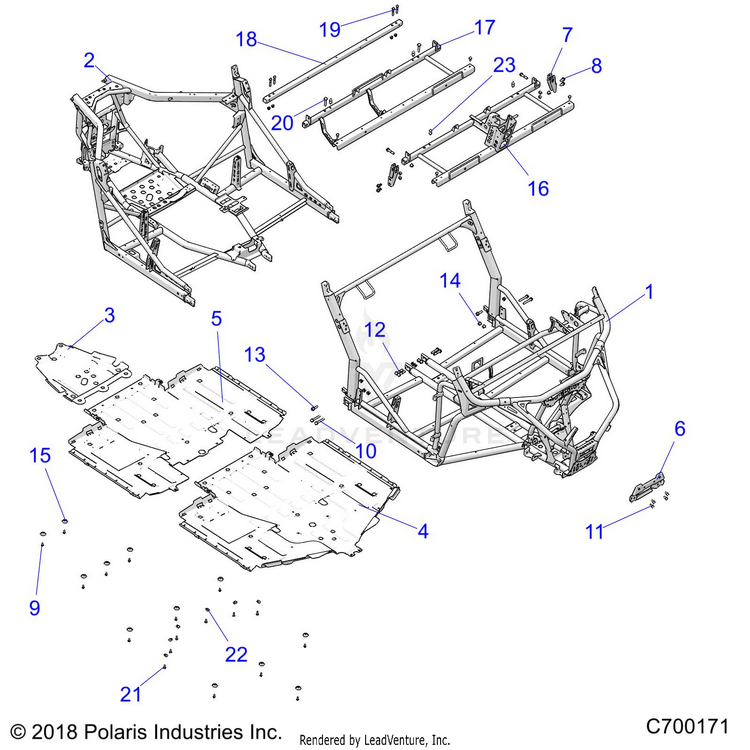 An Image of a Genuine Polaris Parts Schematic Diagram showing the schematic - CHASSIS: MAIN FRAME AND SKID PLATES - 2020 POLARIS GENERAL 4 1000 EPS RIDE COMMAND