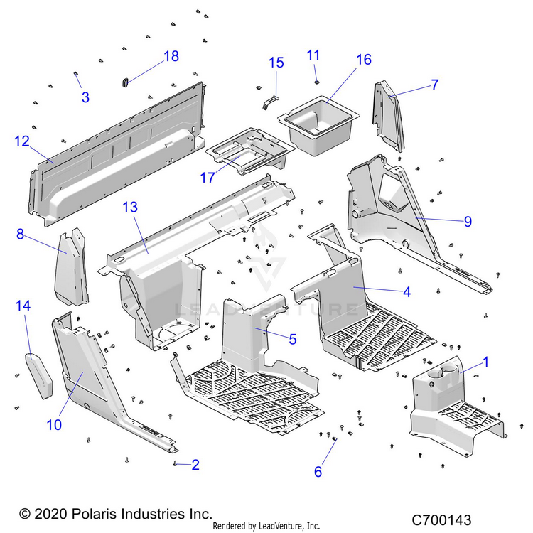 An Image of a Genuine Polaris Parts Schematic Diagram showing the schematic - BODY: REAR CLOSE OFF FENDERS & FLOOR - 2021 POLARIS RANGER CREW XP 1000 NORTHSTAR PREMIUM AUDIO