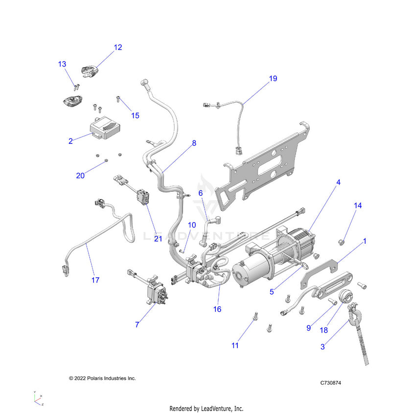 An Image of a Genuine Polaris Parts Schematic Diagram showing the schematic - BODY: WINCH - 2022 POLARIS RANGER XP 1000 WATERFOWL EVAP