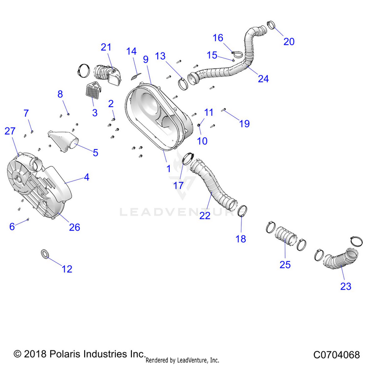 An Image of a Genuine Polaris Parts Schematic Diagram showing the schematic - DRIVE TRAIN: CLUTCH COVER AND DUCTING - 2021 POLARIS GENERAL 4 1000 RIDE COMMAND