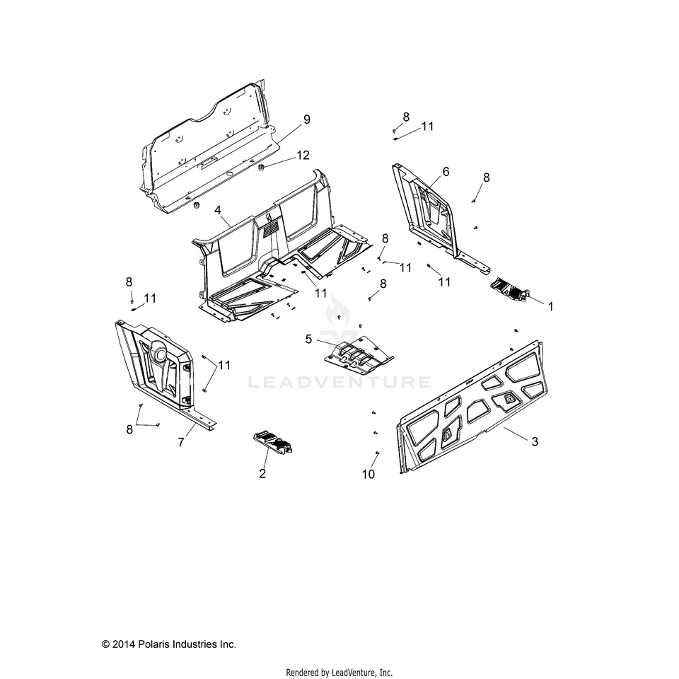 An Image of a Genuine Polaris Parts Schematic Diagram showing the schematic - BODY: REAR FLOOR & FENDERS - 2015 POLARIS RANGER CREW 570 EFI