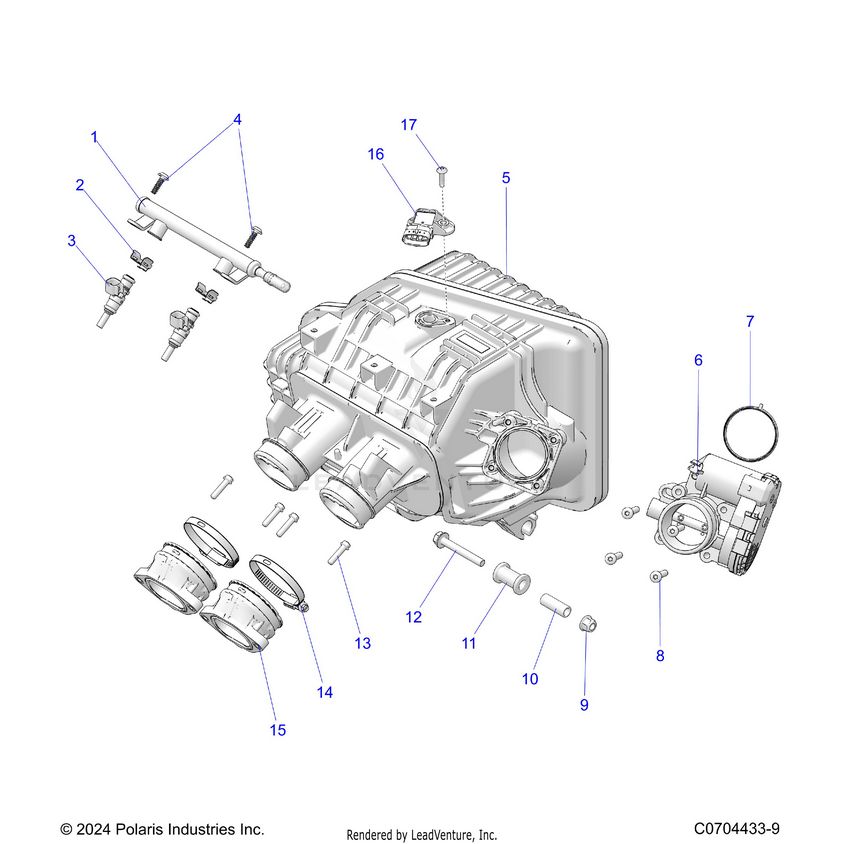 An Image of a Genuine Polaris Parts Schematic Diagram showing the schematic - ENGINE: INTAKE MANIFOLD THROTTLE BODY FUEL RAIL - 2024 POLARIS XPEDITION ADV NORTHSTAR