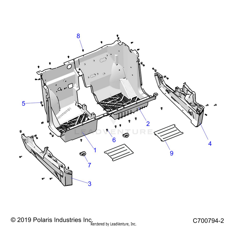 An Image of a Genuine Polaris Parts Schematic Diagram showing the schematic - BODY: FLOOR AND ROCKER - 2021 POLARIS GENERAL 1000 PREMIUM EPS