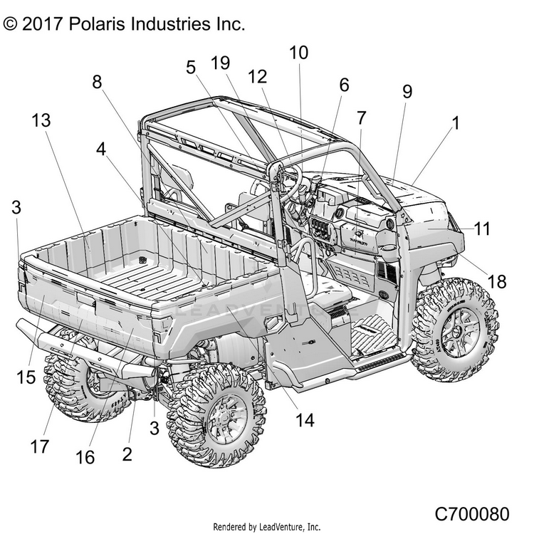 An Image of a Genuine Polaris Parts Schematic Diagram showing the schematic - BODY: DECALS - 2019 POLARIS RANGER XP 1000 EPS NORTHSTAR RIDE COMMAND