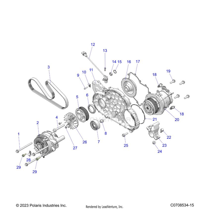 An Image of a Genuine Polaris Parts Schematic Diagram showing the schematic - ENGINE: ALTERNATOR AND COMPRESSOR - 2025 POLARIS XPEDITION ADV 5 NORTHSTAR