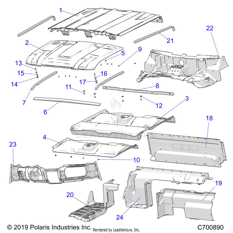 An Image of a Genuine Polaris Parts Schematic Diagram showing the schematic - OPTION: ROOF PREM PREP AUDIO CLOSE OFF PANELS COVER DASH & HOOD LINER - 2020 POLARIS RANGER CREW XP 1000 FACTORY CHOICE