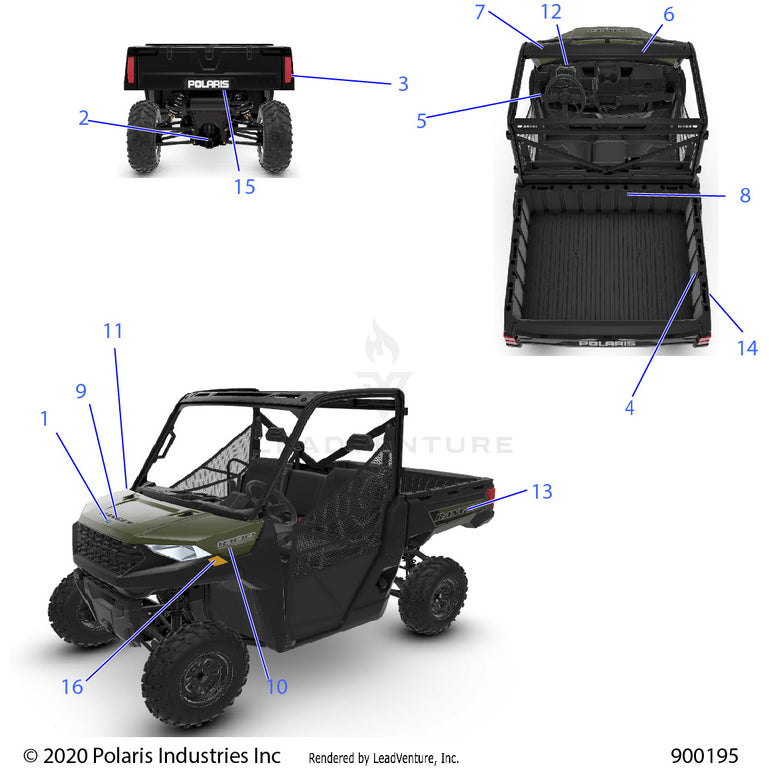An Image of a Genuine Polaris Parts Schematic Diagram showing the schematic - BODY: DECALS - 2021 POLARIS RANGER 1000 FULL SIZE