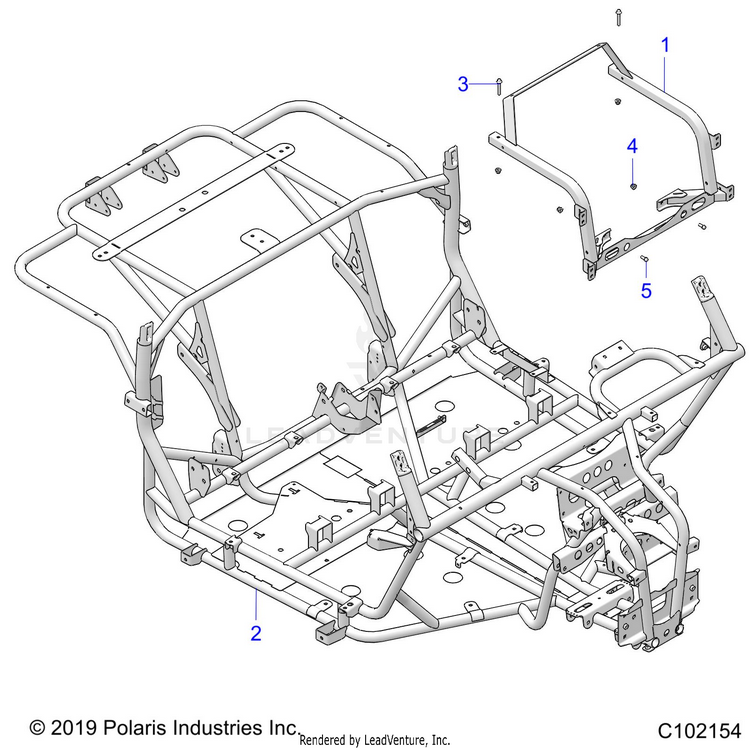 An Image of a Genuine Polaris Parts Schematic Diagram showing the schematic - CHASSIS: MAIN FRAME - 2023 POLARIS RANGER 150 EFI