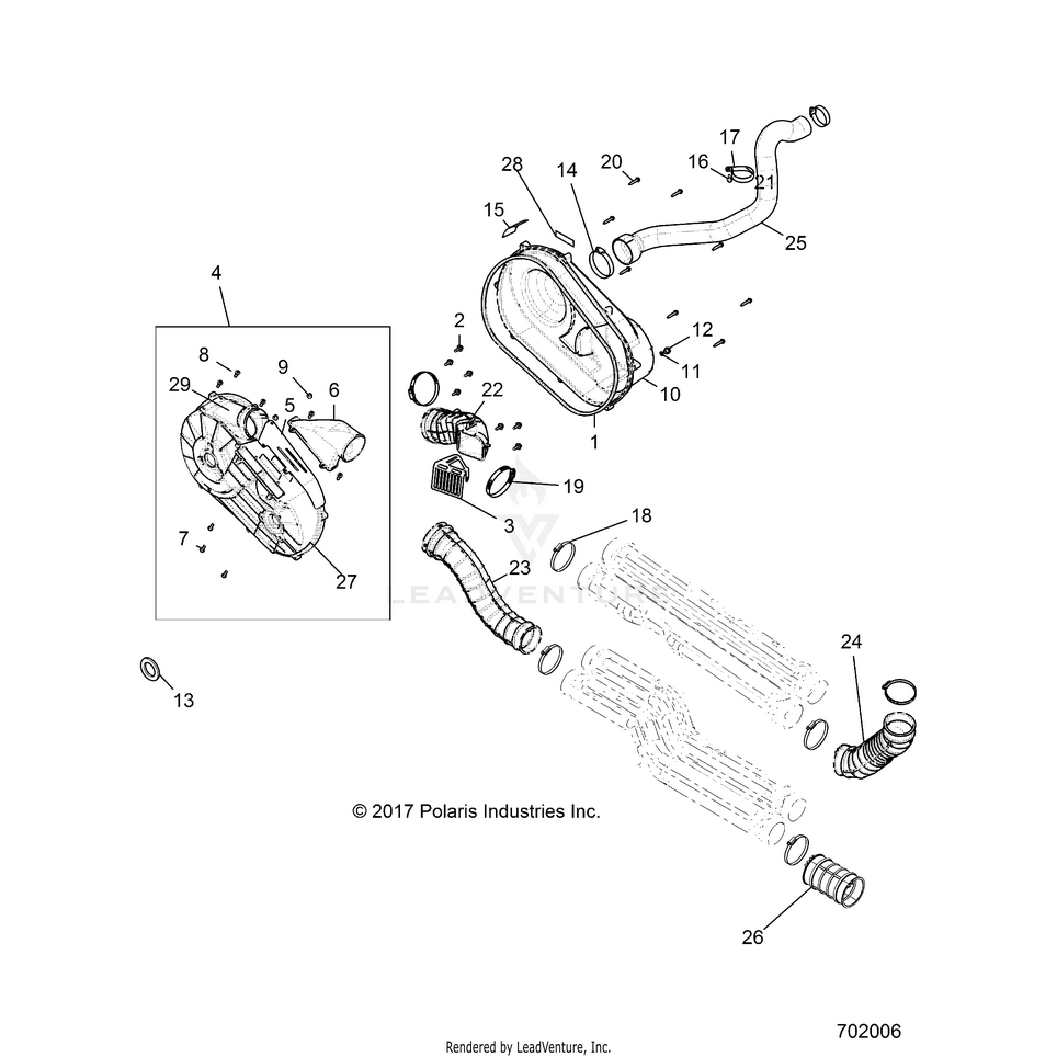 An Image of a Genuine Polaris Parts Schematic Diagram showing the schematic - DRIVE TRAIN: CLUTCH COVER AND DUCTING - 2018 POLARIS GENERAL 1000 4 EPS