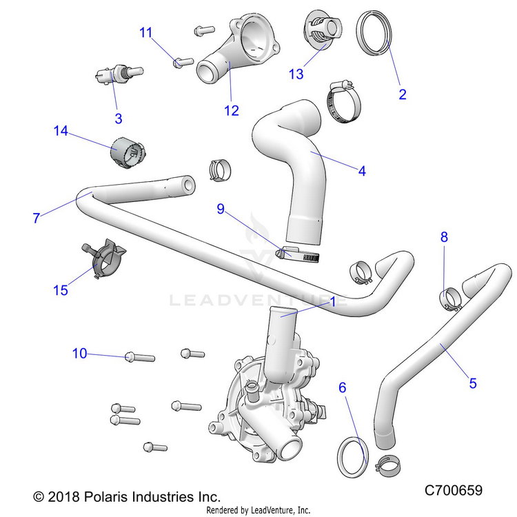 An Image of a Genuine Polaris Parts Schematic Diagram showing the schematic - ENGINE: WATERPUMP & BYPASS - 2021 POLARIS RANGER CREW XP 1000 RIDE COMMAND
