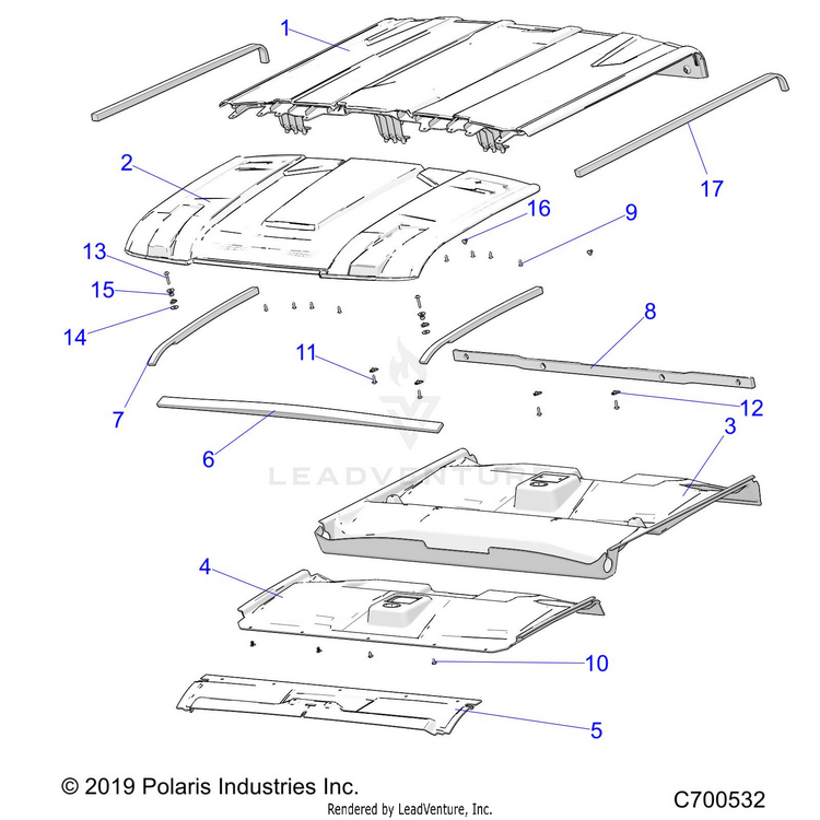An Image of a Genuine Polaris Parts Schematic Diagram showing the schematic - BODY: ROOF (PREM PREP) - 2019 POLARIS RANGER CREW XP 1000 49S FACTORY CHOICE