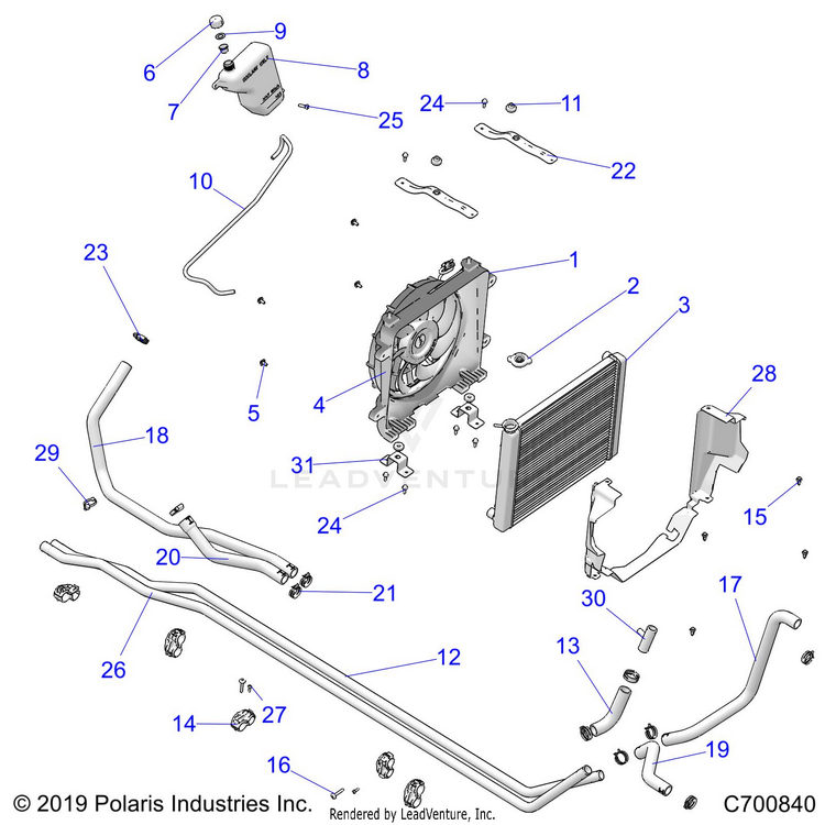 An Image of a Genuine Polaris Parts Schematic Diagram showing the schematic - ENGINE: COOLING SYSTEM - 2020 POLARIS RANGER XP 1000 WINTER PREP FACTORY CHOICE