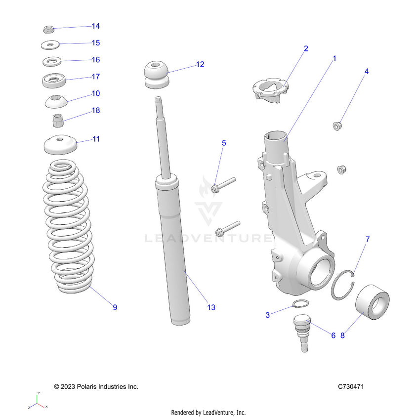 An Image of a Genuine Polaris Parts Schematic Diagram showing the schematic - SUSPENSION: FRONT STRUT - 2023 POLARIS RANGER 570 CREW