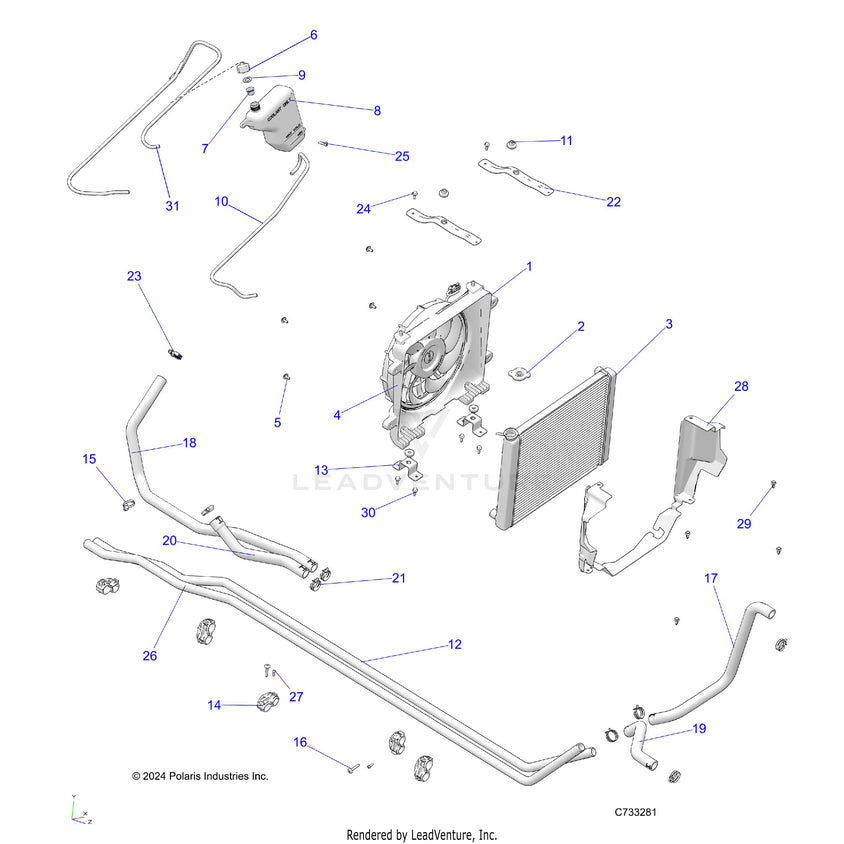 An Image of a Genuine Polaris Parts Schematic Diagram showing the schematic - ENGINE: COOLING SYSTEM - 2025 POLARIS RANGER 1000 XP CREW WATERFOWL