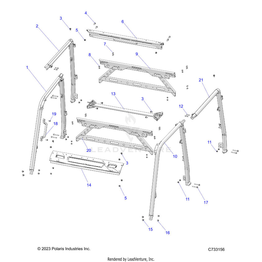 An Image of a Genuine Polaris Parts Schematic Diagram showing the schematic - CHASSIS: CAB FRAME - 2025 POLARIS RANGER 570 CREW NORTHSTAR