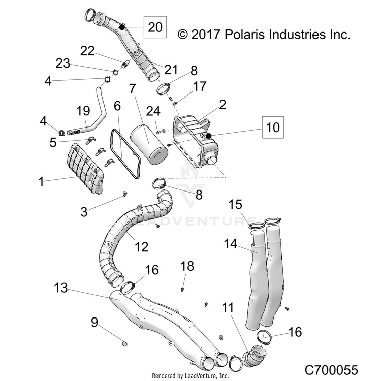 An Image of a Genuine Polaris Parts Schematic Diagram showing the schematic - ENGINE: AIR INTAKE SYSTEM - 2018 POLARIS RANGER XP 1000 EPS NORTHSTAR