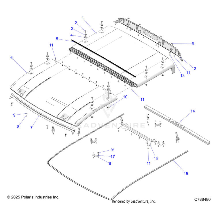 An Image of a Genuine Polaris Parts Schematic Diagram showing the schematic - BODY: ROOF - 2026 POLARIS RANGER XD 1500 NORTHSTAR ULTIMATE CREW TEXAS EDITION
