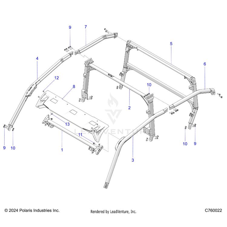 An Image of a Genuine Polaris Parts Schematic Diagram showing the schematic - CHASSIS: CAB FRAME - 2025 POLARIS GENERAL XP 4 1000 ULTIMATE