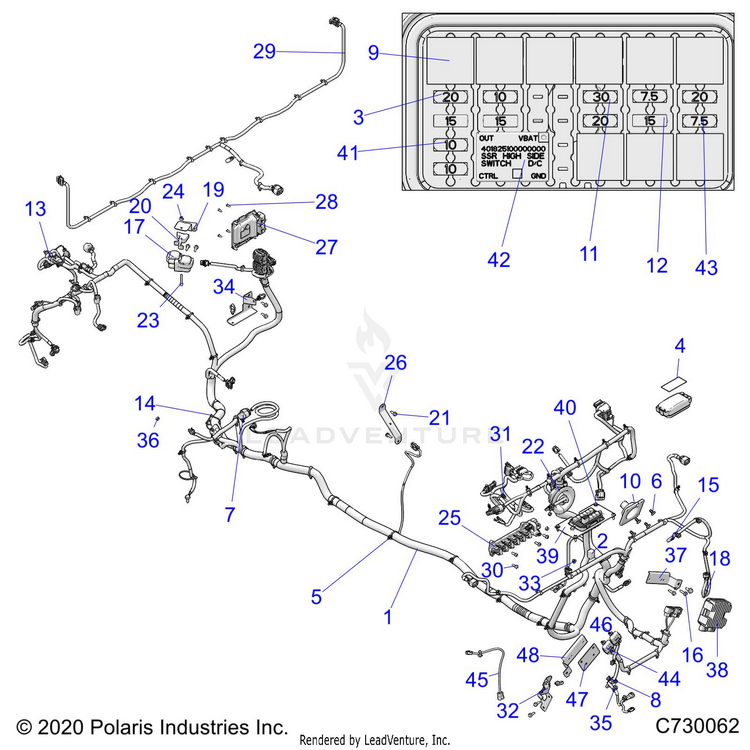 An Image of a Genuine Polaris Parts Schematic Diagram showing the schematic - ELECTRICAL: WIRE HARNESS - 2021 POLARIS RANGER CREW XP 1000 WATERFOWL EVAP
