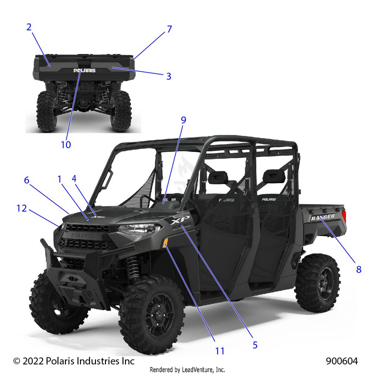 An Image of a Genuine Polaris Parts Schematic Diagram showing the schematic - BODY: DECALS GRAPHICS - 2023 POLARIS RANGER CREW XP 1000 PREMIUM