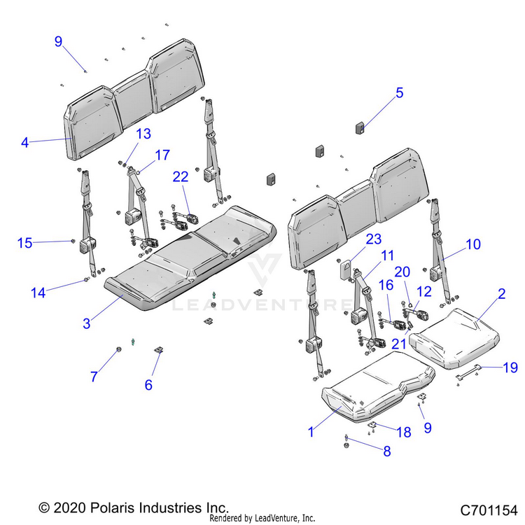 An Image of a Genuine Polaris Parts Schematic Diagram showing the schematic - BODY: SEATS - 2022 POLARIS RANGER CREW 1000