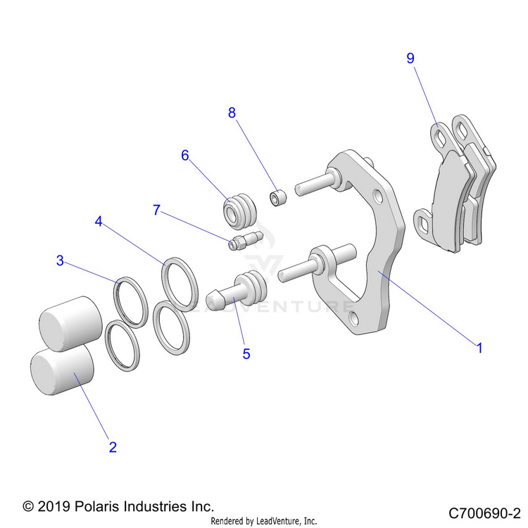 An Image of a Genuine Polaris Parts Schematic Diagram showing the schematic - BRAKES: REAR CALIPER - 2020 POLARIS RANGER CREW 1000 FULL SIZE EPS FO