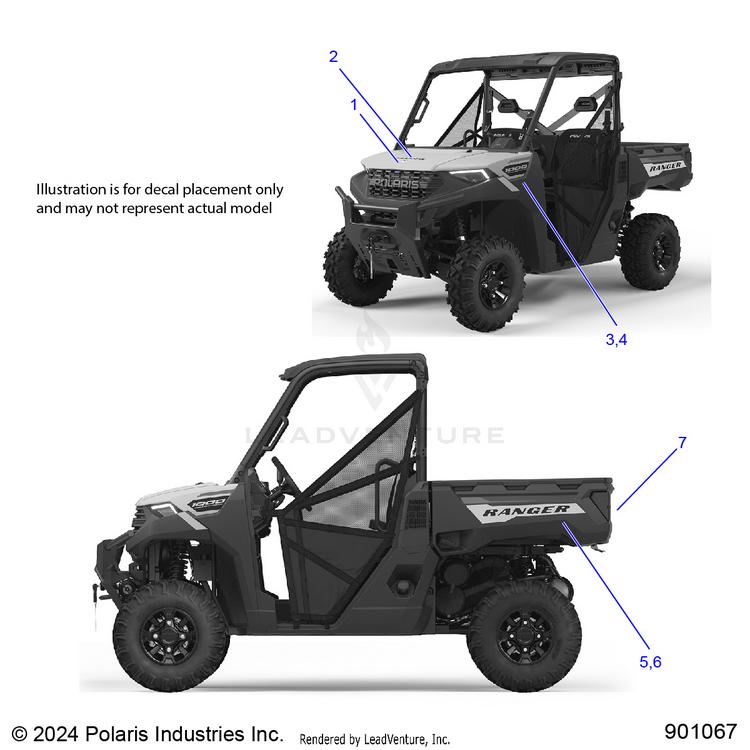 An Image of a Genuine Polaris Parts Schematic Diagram showing the schematic - BODY: DECALS GRAPHICS - 2025 POLARIS RANGER 1000 EPS