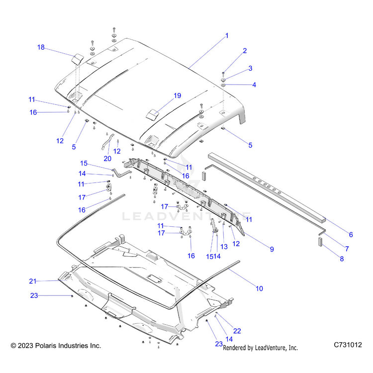 An Image of a Genuine Polaris Parts Schematic Diagram showing the schematic - BODY: ROOF - 2024 POLARIS RANGER XD 1500 PREMIUM