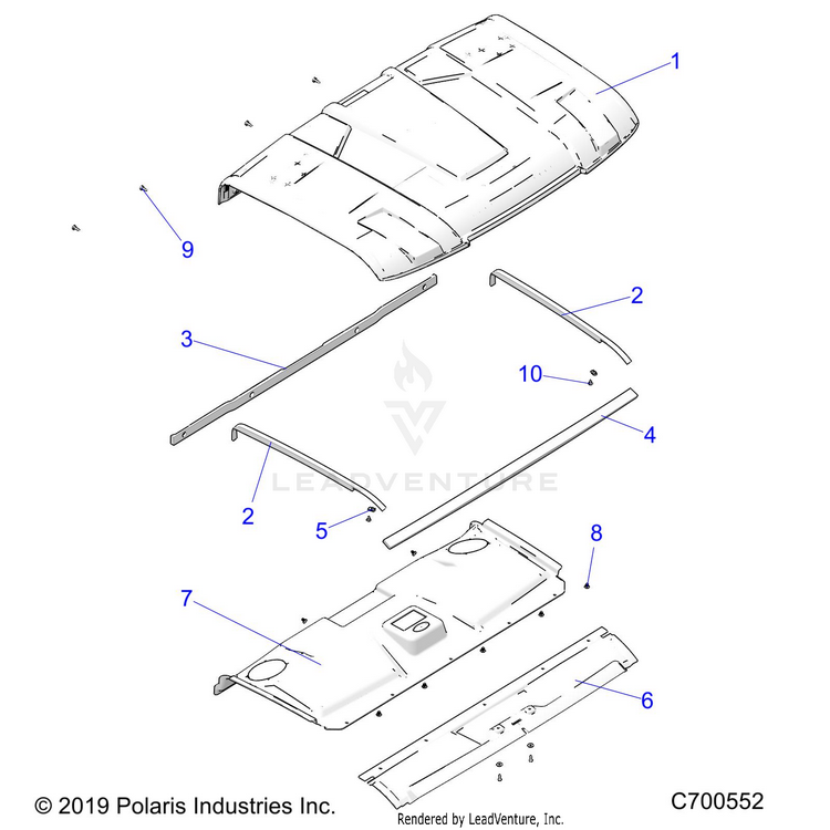 An Image of a Genuine Polaris Parts Schematic Diagram showing the schematic - BODY: ROOF (PREM PREP) - 2019 POLARIS RANGER 1000 FACTORY CHOICE