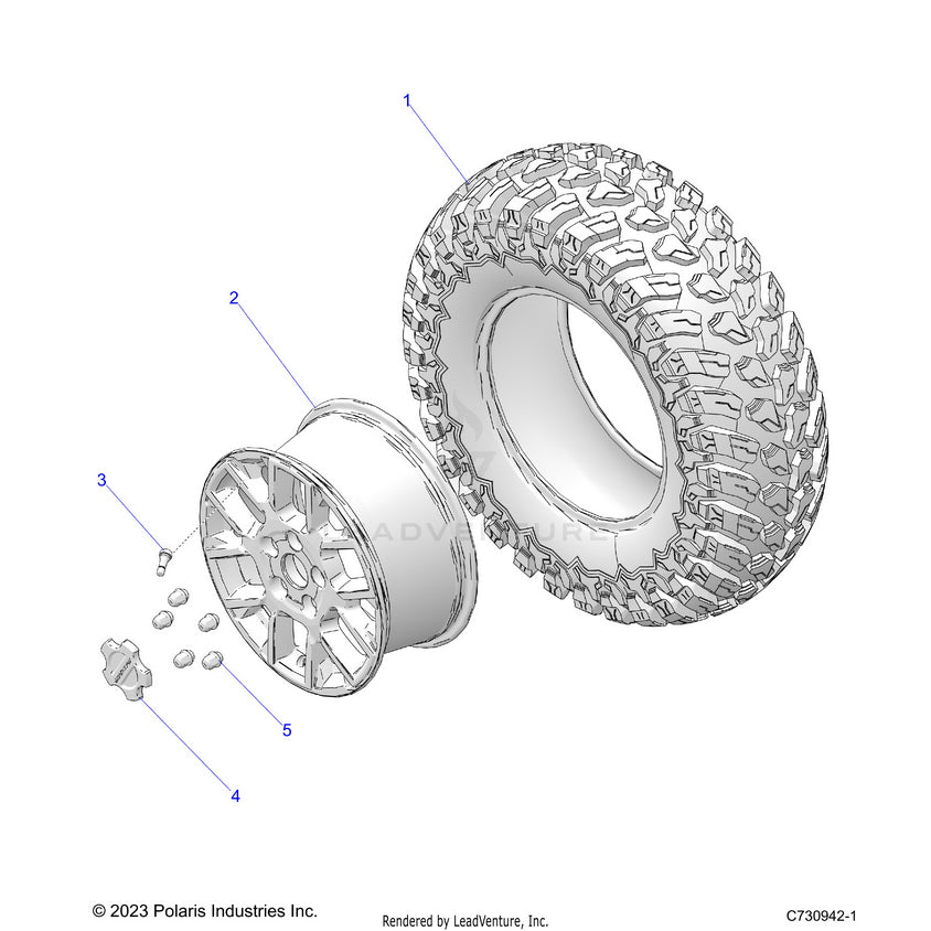 An Image of a Genuine Polaris Parts Schematic Diagram showing the schematic - WHEELS: FRONT - 2024 POLARIS RANGER XD 1500 PREMIUM