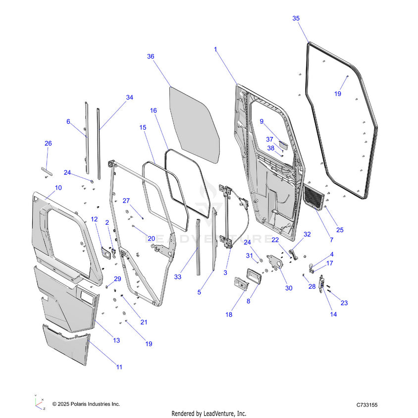 An Image of a Genuine Polaris Parts Schematic Diagram showing the schematic - BODY: DOOR FRONT - 2025 POLARIS RANGER 570 NORTHSTAR