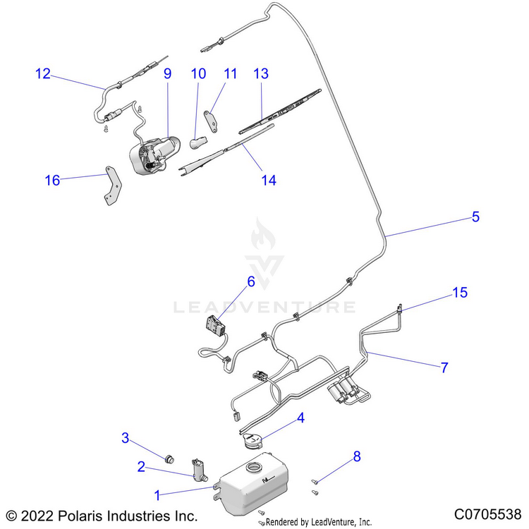An Image of a Genuine Polaris Parts Schematic Diagram showing the schematic - BODY: WATER BOTTLE PUMP & WIPER KIT - 2022 POLARIS RANGER CREW XP 1000 NORTHSTAR ULTIMATE BIG GAME