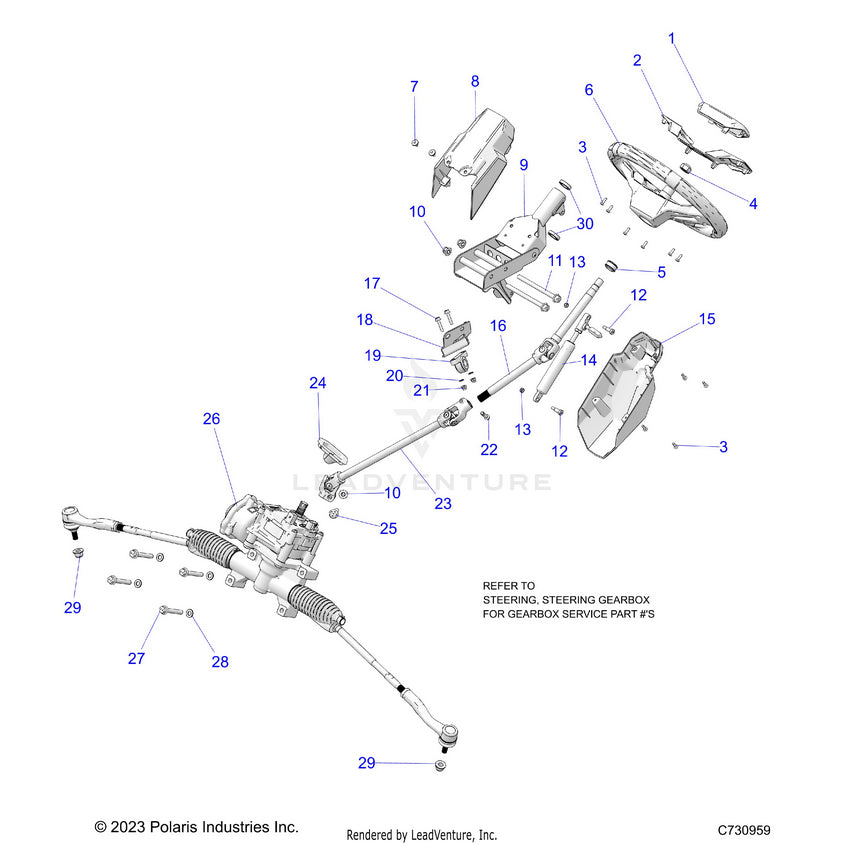 An Image of a Genuine Polaris Parts Schematic Diagram showing the schematic - STEERING: STEERING - 2024 POLARIS RANGER XD 1500 PREMIUM CREW