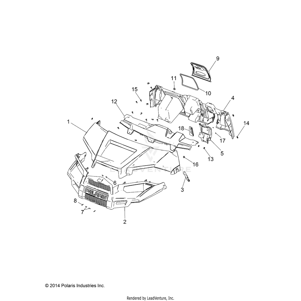 An Image of a Genuine Polaris Parts Schematic Diagram showing the schematic - BODY: HOOD DASH & GRILL - 2017 POLARIS RANGER CREW 570 EFI
