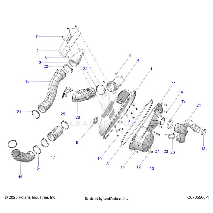 An Image of a Genuine Polaris Parts Schematic Diagram showing the schematic - DRIVE TRAIN: CLUTCH COVER AND DUCTING - 2026 POLARIS GENERAL XP 4 1000 SPORT
