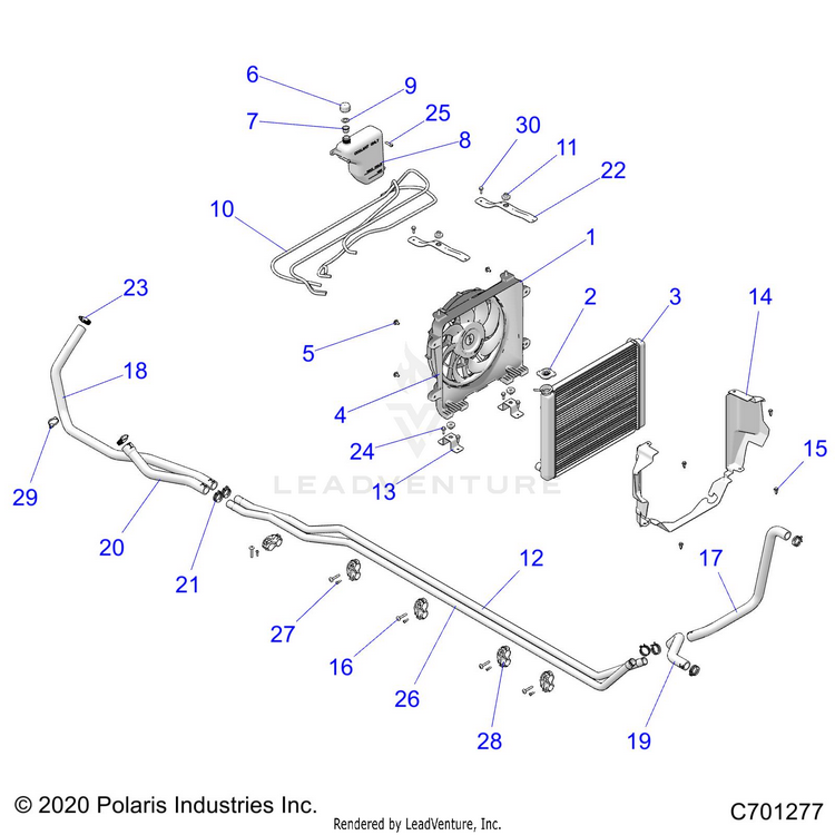 An Image of a Genuine Polaris Parts Schematic Diagram showing the schematic - ENGINE: COOLING SYSTEM - 2025 POLARIS RANGER 1000 XP CREW TEXAS EDITION