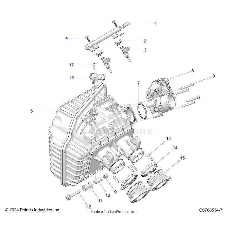 An Image of a Genuine Polaris Parts Schematic Diagram showing the schematic - ENGINE: INTAKE MANIFOLD THROTTLE BODY FUEL RAIL - 2025 POLARIS XPEDITION ADV 5 NORTHSTAR