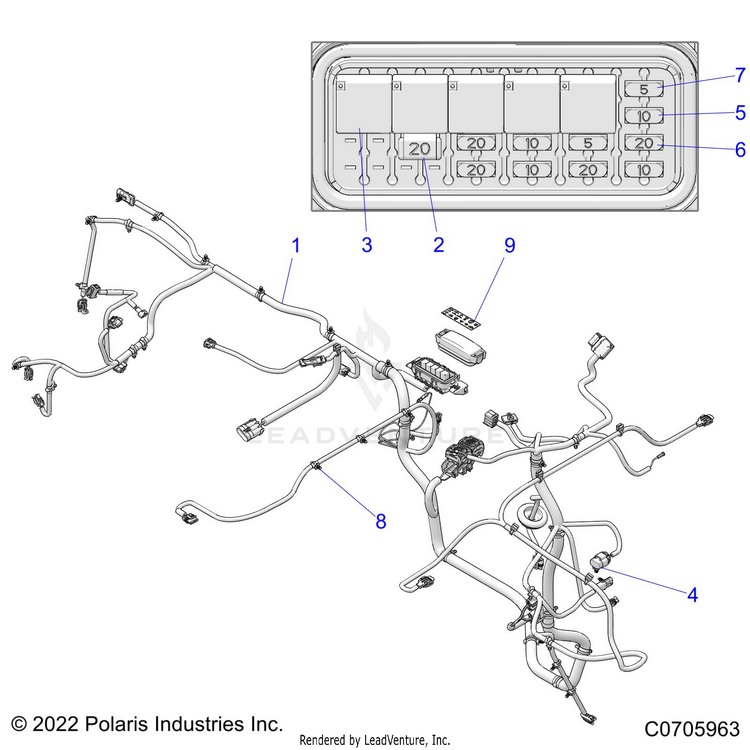 An Image of a Genuine Polaris Parts Schematic Diagram showing the schematic - ELECTRICAL: WIRE HARNESSES CHASSIS - 2022 POLARIS RANGER 500