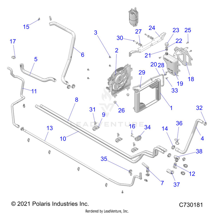 An Image of a Genuine Polaris Parts Schematic Diagram showing the schematic - ENGINE: COOLING SYSTEM - 2023 POLARIS RANGER 570 CREW NORTHSTAR