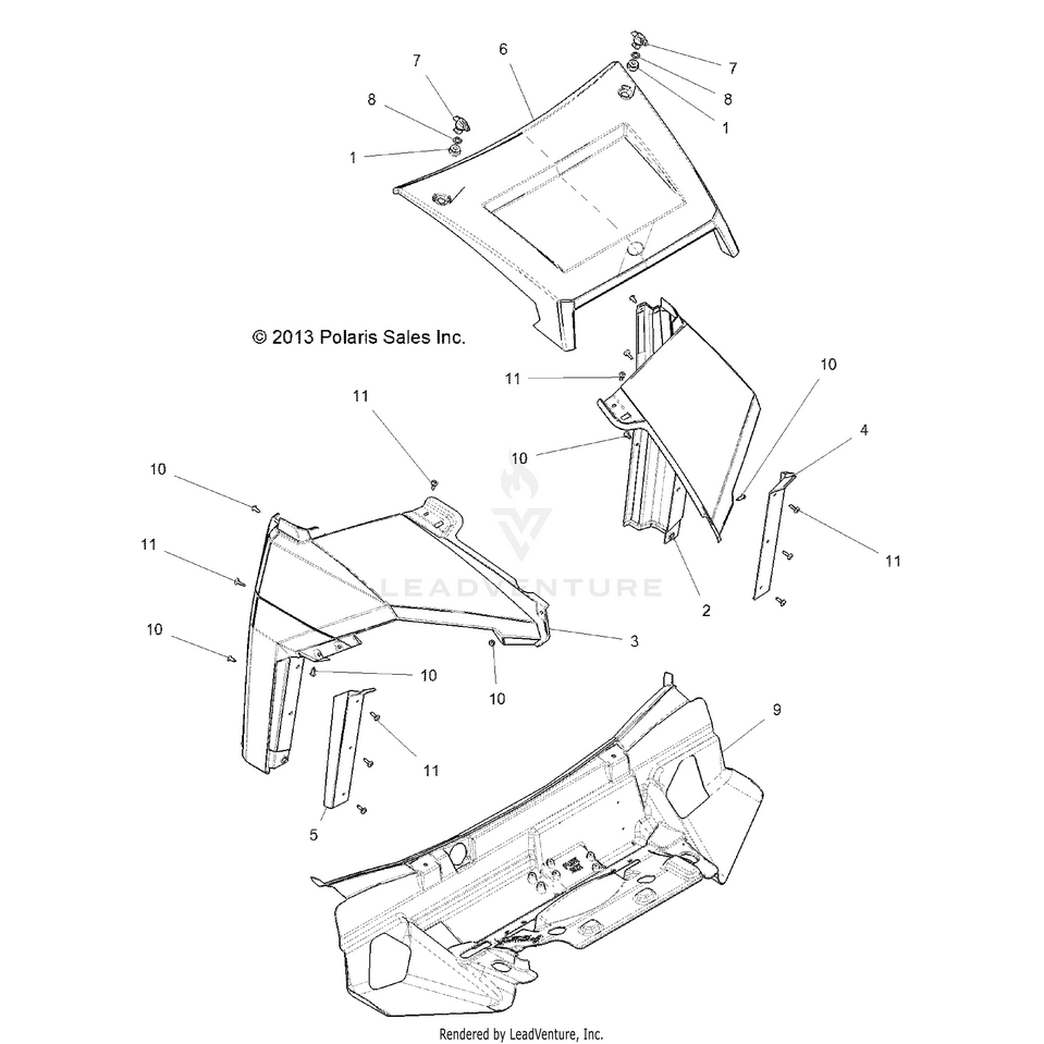 An Image of a Genuine Polaris Parts Schematic Diagram showing the schematic - BODY: HOOD - 2017 POLARIS RANGER HST