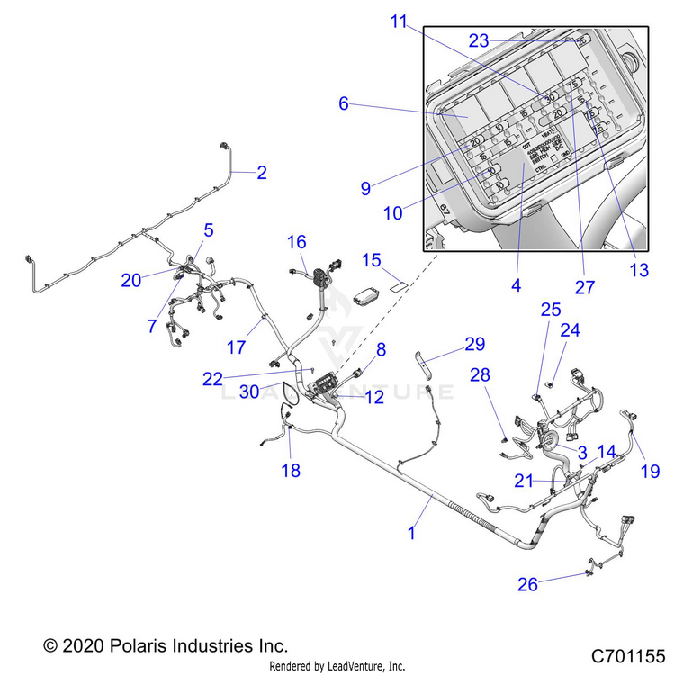 An Image of a Genuine Polaris Parts Schematic Diagram showing the schematic - ELECTRICAL: WIRE HARNESS - 2021 POLARIS RANGER CREW 1000 EPS