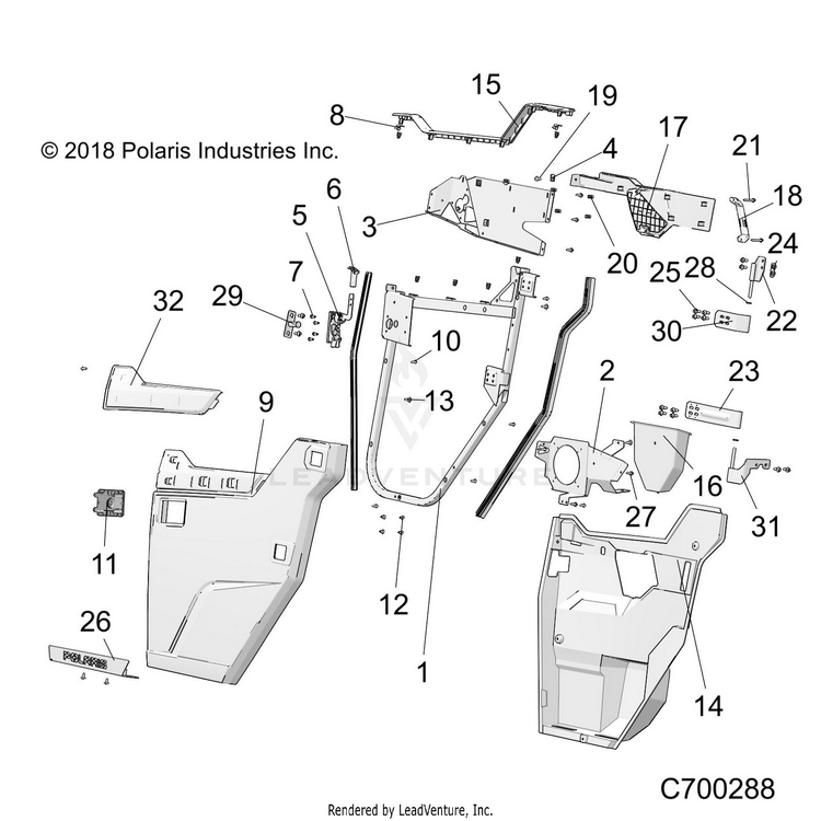 An Image of a Genuine Polaris Parts Schematic Diagram showing the schematic - BODY: FRONT DOORS - 2019 POLARIS RANGER XP 1000 EPS HIGH LIFTER