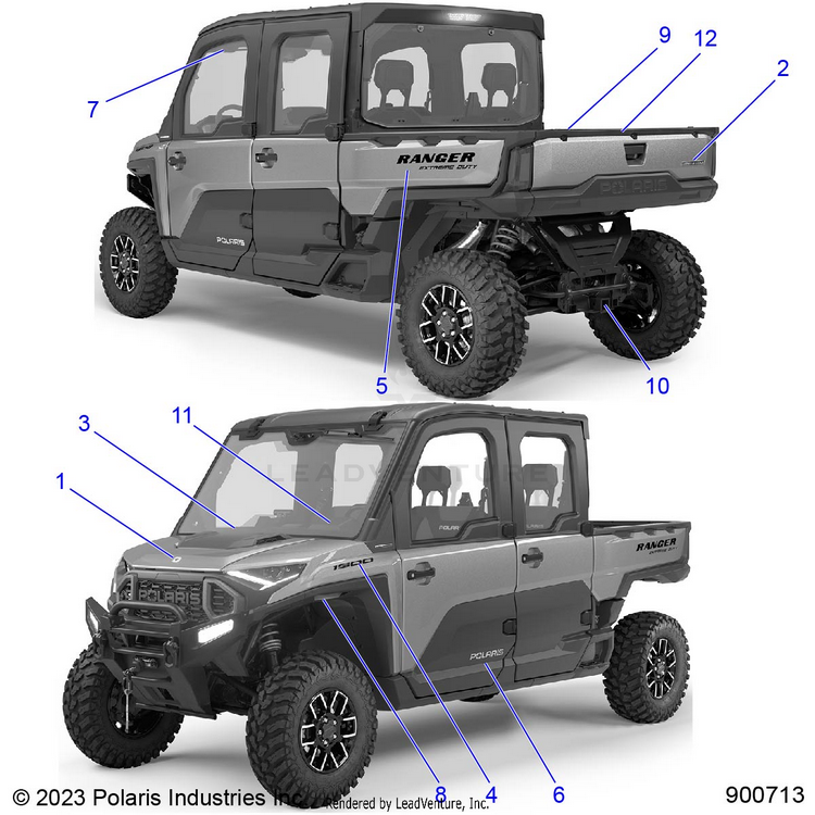 An Image of a Genuine Polaris Parts Schematic Diagram showing the schematic - BODY: DECALS - 2024 POLARIS RANGER XD 1500 NORTHSTAR CREW