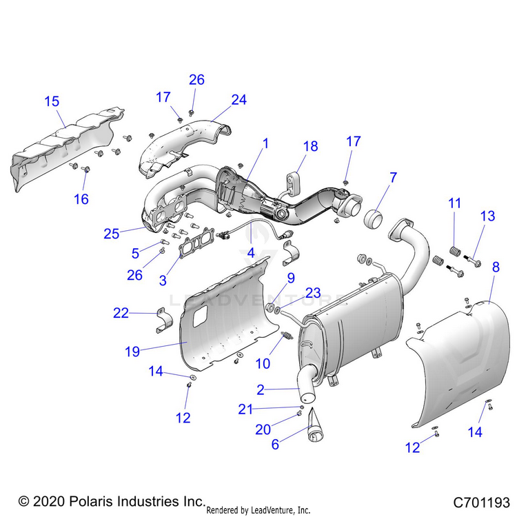 An Image of a Genuine Polaris Parts Schematic Diagram showing the schematic - ENGINE: EXHAUST SYSTEM - 2023 POLARIS RANGER XP 1000 NORTHSTAR ULTIMATE EVAP